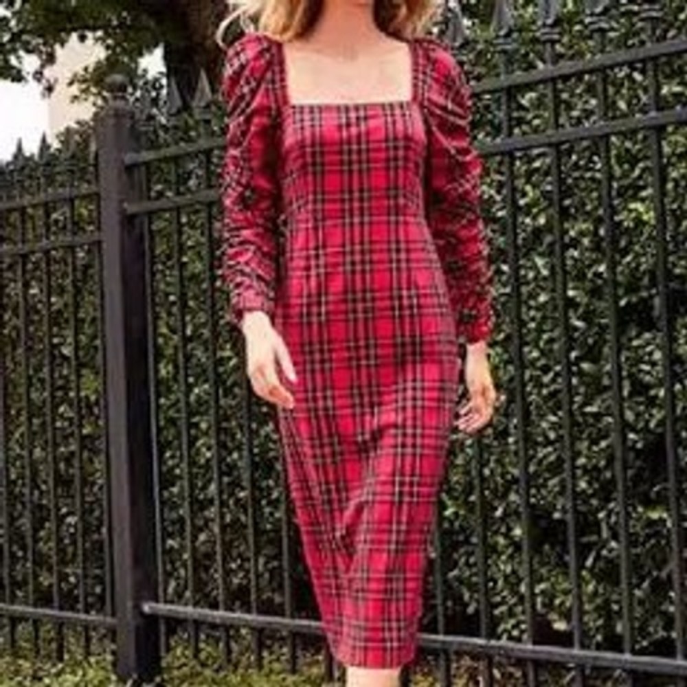 Antonio Melani Elena Plaid Square Neck Dress Sz 4 Red Puff Sleeve Midi $199 MSRP